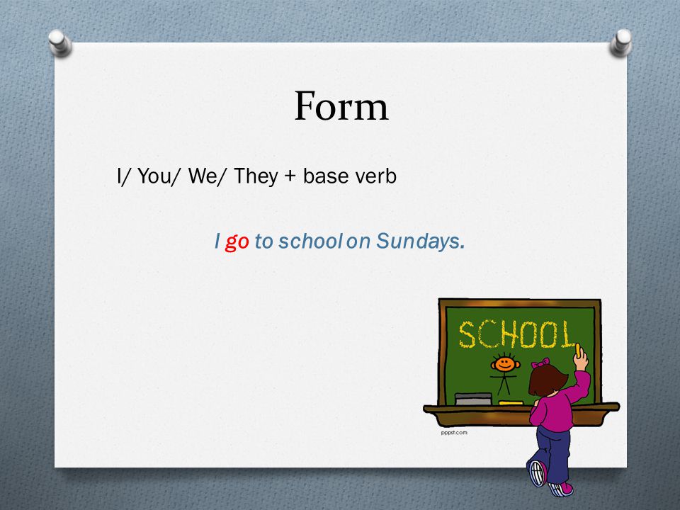 Form I/ You/ We/ They + base verb I go to school on Sundays.