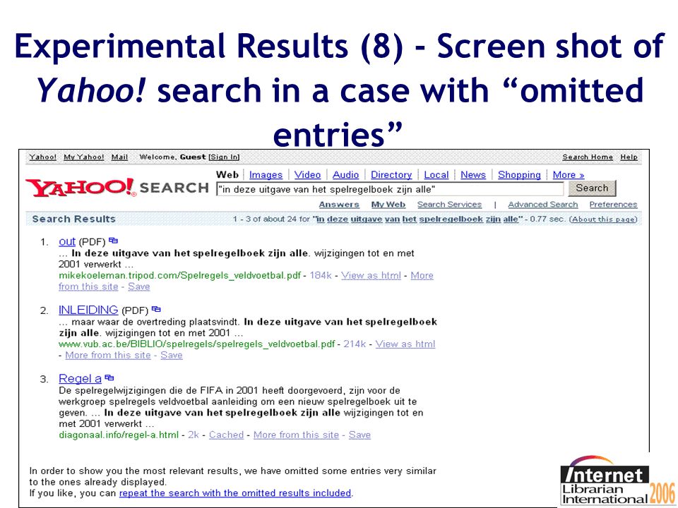 Experimental results (7) - Screen shot of Google Web search in a case with omitted entries