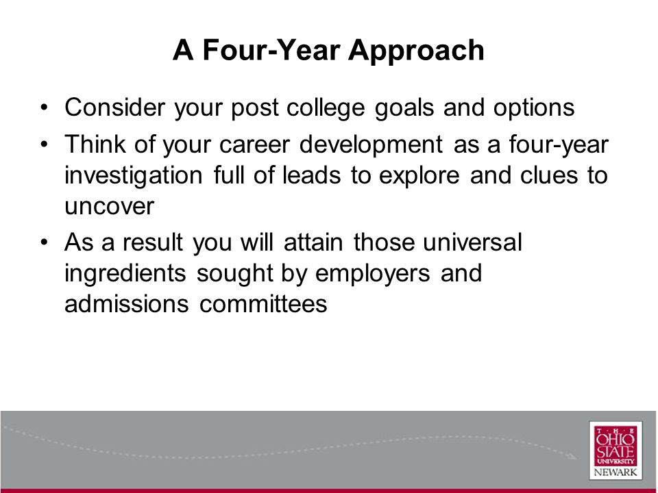 A Four-Year Approach Consider your post college goals and options Think of your career development as a four-year investigation full of leads to explore and clues to uncover As a result you will attain those universal ingredients sought by employers and admissions committees