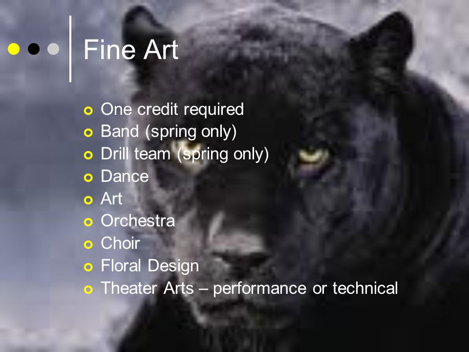 Fine Art One credit required Band (spring only) Drill team (spring only) Dance Art Orchestra Choir Floral Design Theater Arts – performance or technical