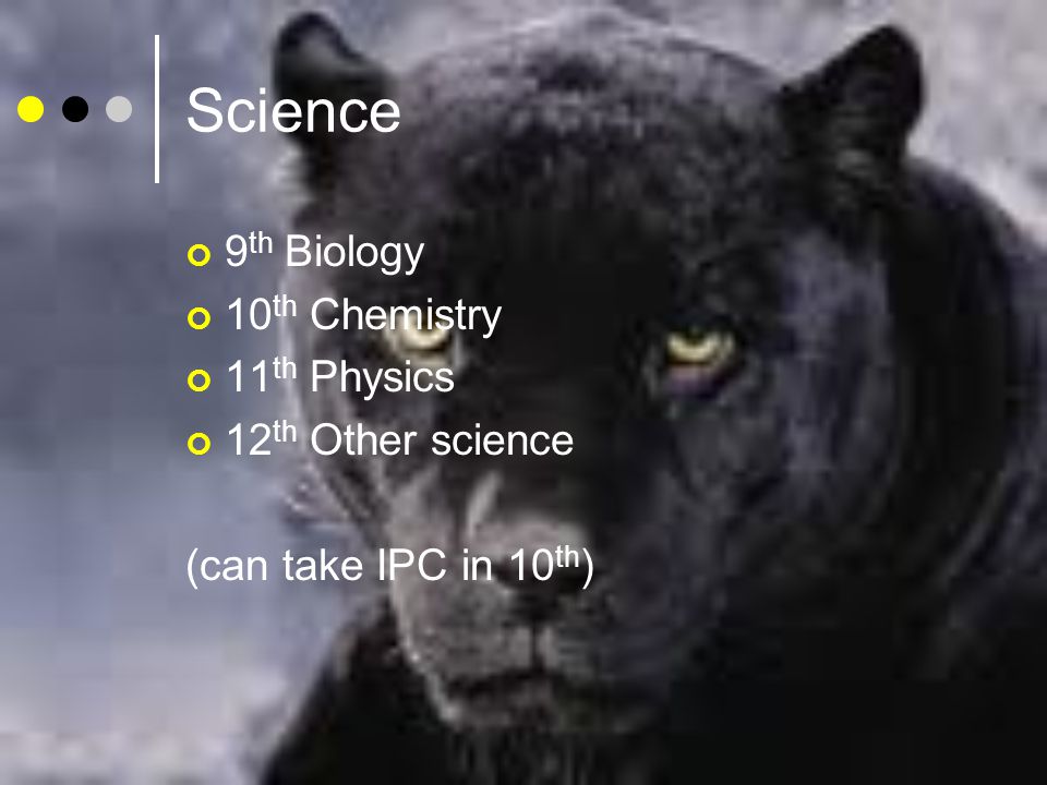 Science 9 th Biology 10 th Chemistry 11 th Physics 12 th Other science (can take IPC in 10 th )