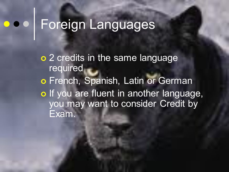Foreign Languages 2 credits in the same language required French, Spanish, Latin or German If you are fluent in another language, you may want to consider Credit by Exam.