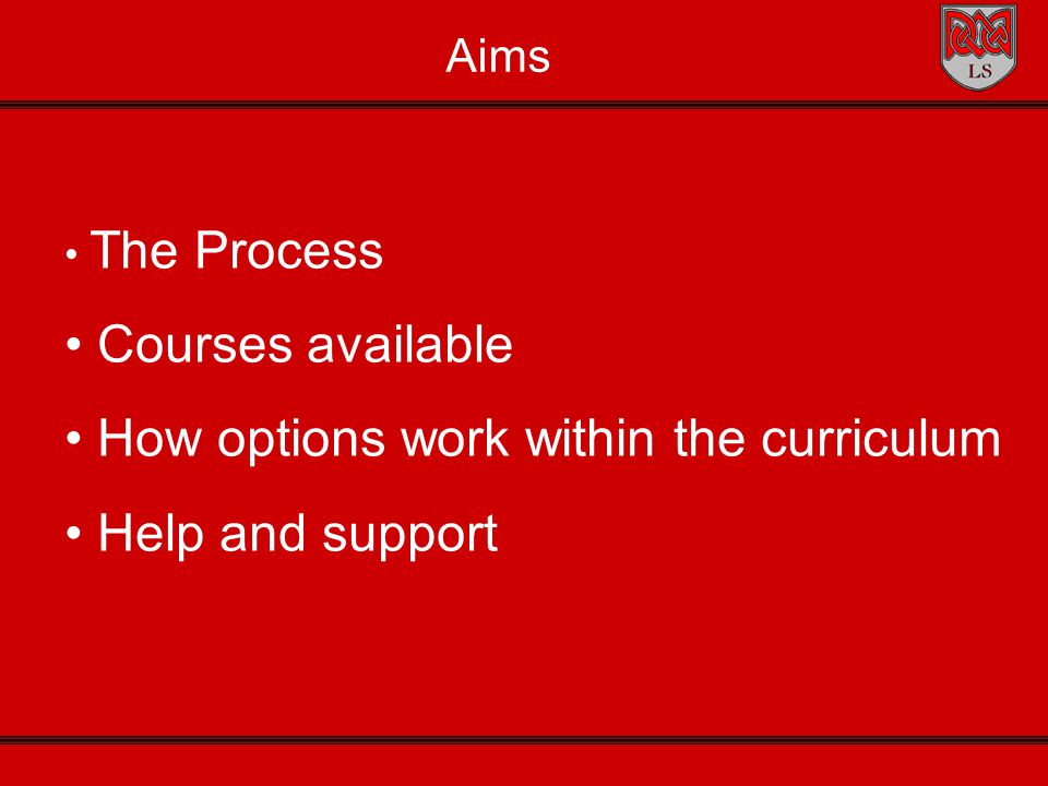 Aims The Process Courses available How options work within the curriculum Help and support
