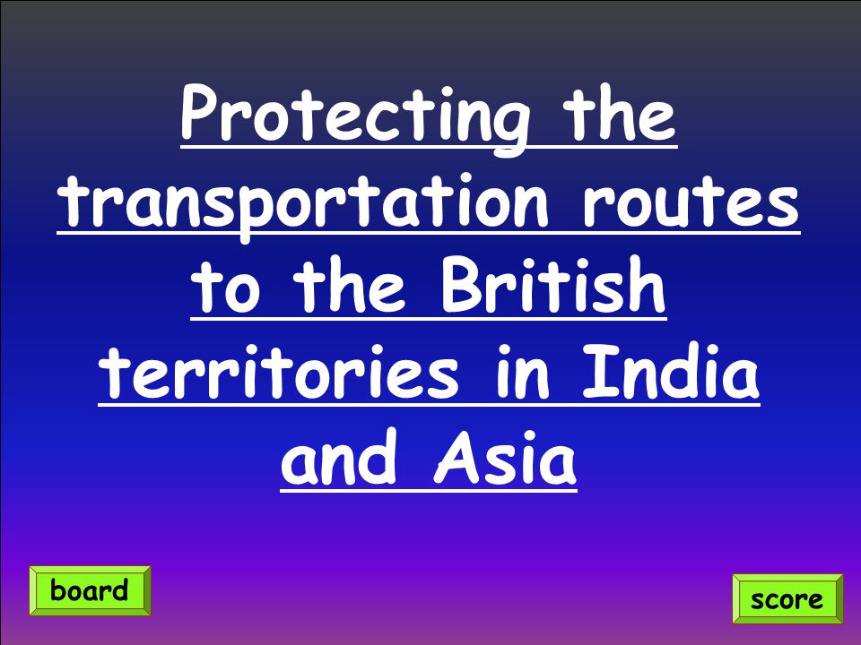 Protecting the transportation routes to the British territories in India and Asia score board