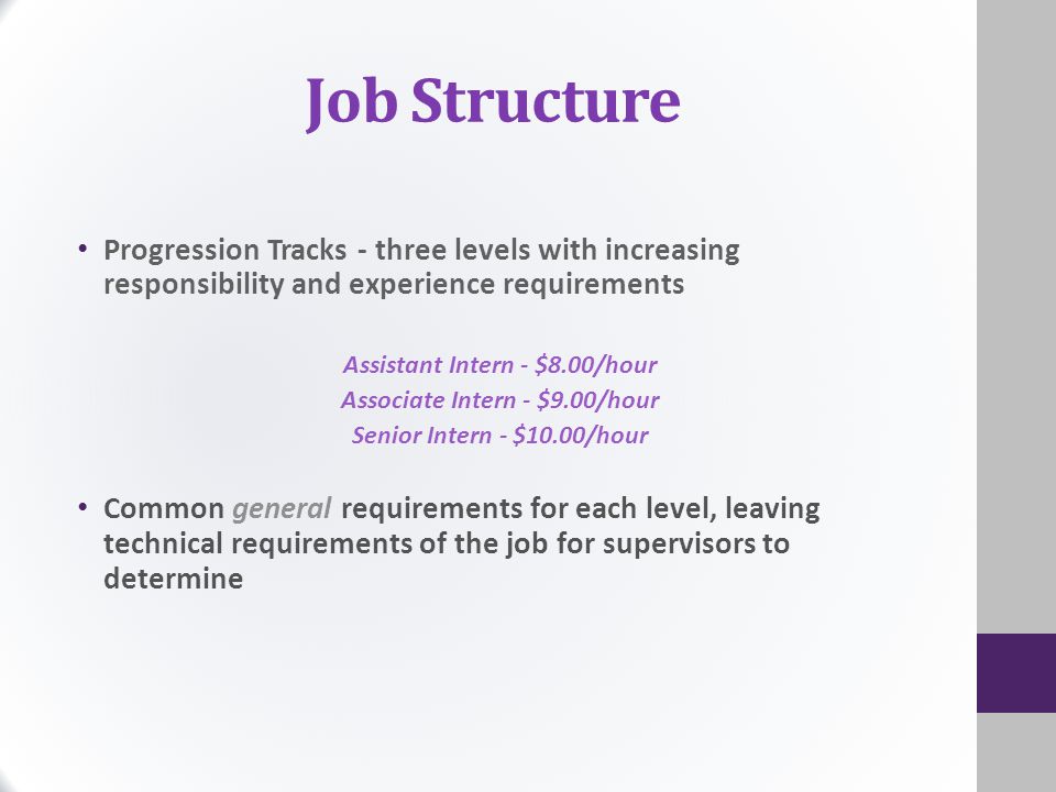 Job Structure Progression Tracks - three levels with increasing responsibility and experience requirements Assistant Intern - $8.00/hour Associate Intern - $9.00/hour Senior Intern - $10.00/hour Common general requirements for each level, leaving technical requirements of the job for supervisors to determine
