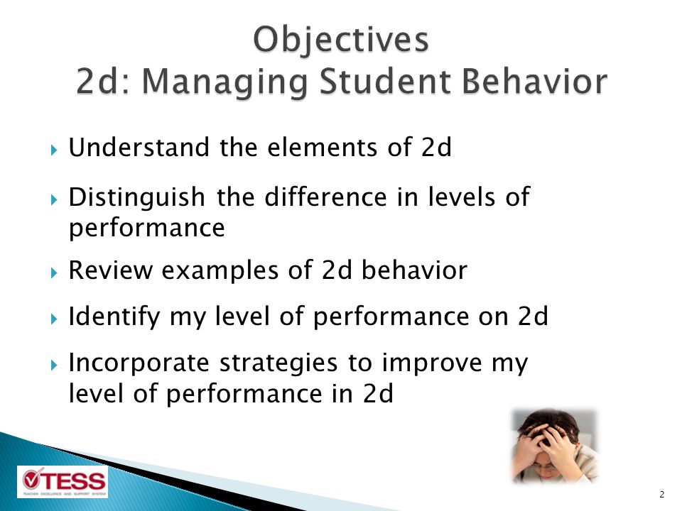  Understand the elements of 2d  Distinguish the difference in levels of performance  Review examples of 2d behavior  Identify my level of performance on 2d  Incorporate strategies to improve my level of performance in 2d 2