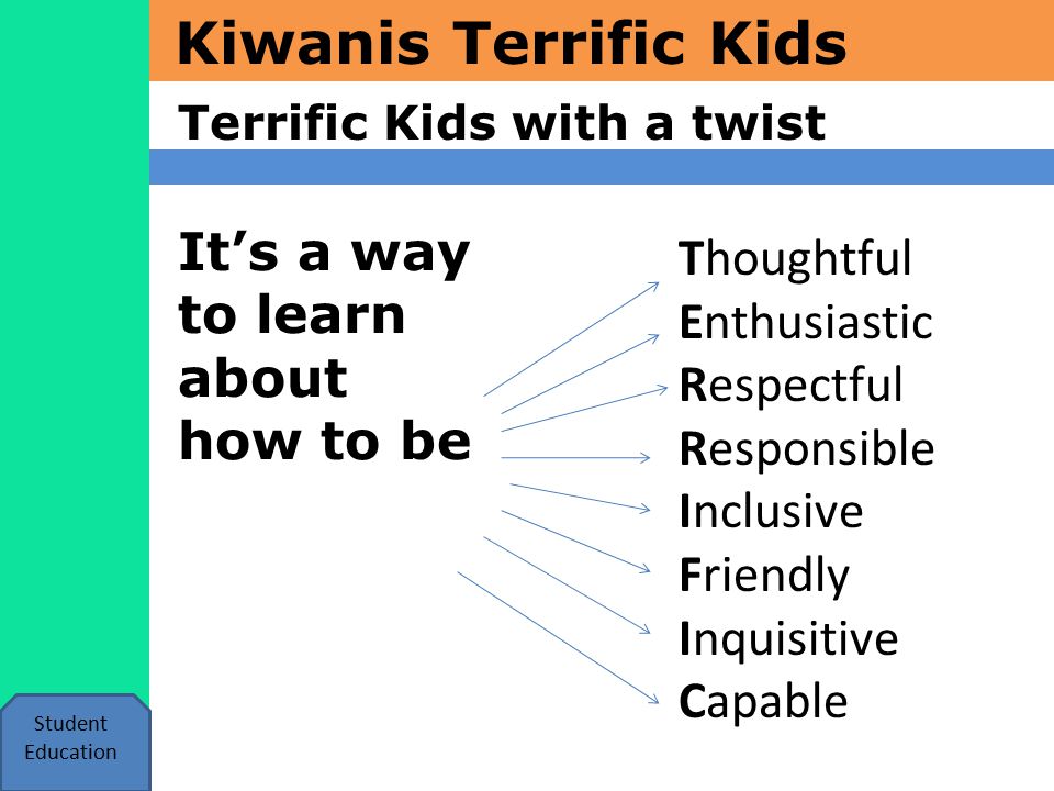 Kiwanis Terrific Kids Student Education It’s a way to learn about how to be Thoughtful Enthusiastic Respectful Responsible Inclusive Friendly Inquisitive Capable Terrific Kids with a twist