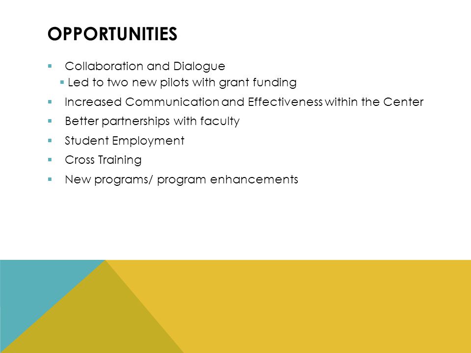 OPPORTUNITIES  Collaboration and Dialogue  Led to two new pilots with grant funding  Increased Communication and Effectiveness within the Center  Better partnerships with faculty  Student Employment  Cross Training  New programs/ program enhancements