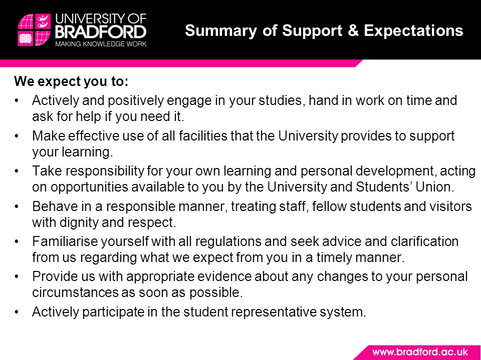 Summary of Support & Expectations We expect you to: Actively and positively engage in your studies, hand in work on time and ask for help if you need it.