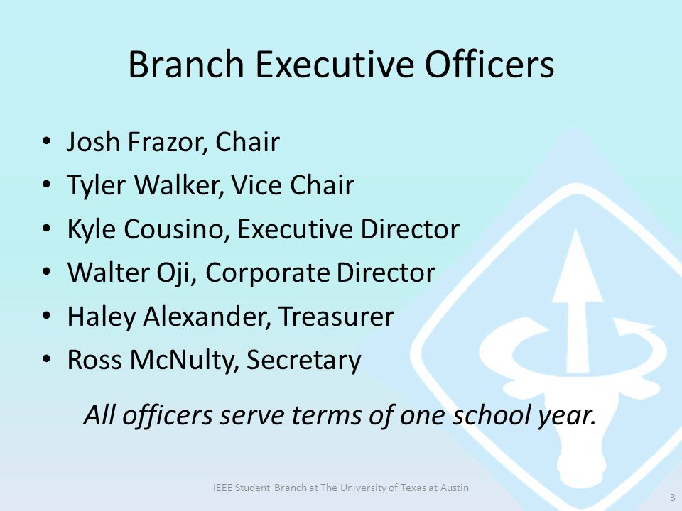 Branch Executive Officers Josh Frazor, Chair Tyler Walker, Vice Chair Kyle Cousino, Executive Director Walter Oji, Corporate Director Haley Alexander, Treasurer Ross McNulty, Secretary All officers serve terms of one school year.