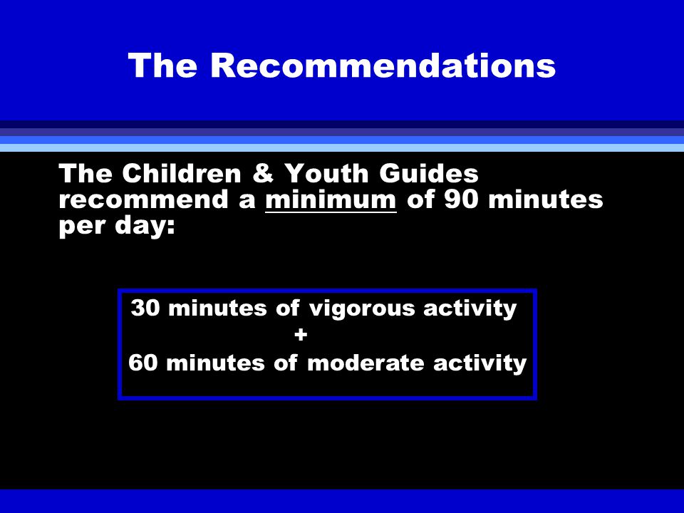 The Recommendations The Children & Youth Guides recommend a minimum of 90 minutes per day: 30 minutes of vigorous activity + 60 minutes of moderate activity