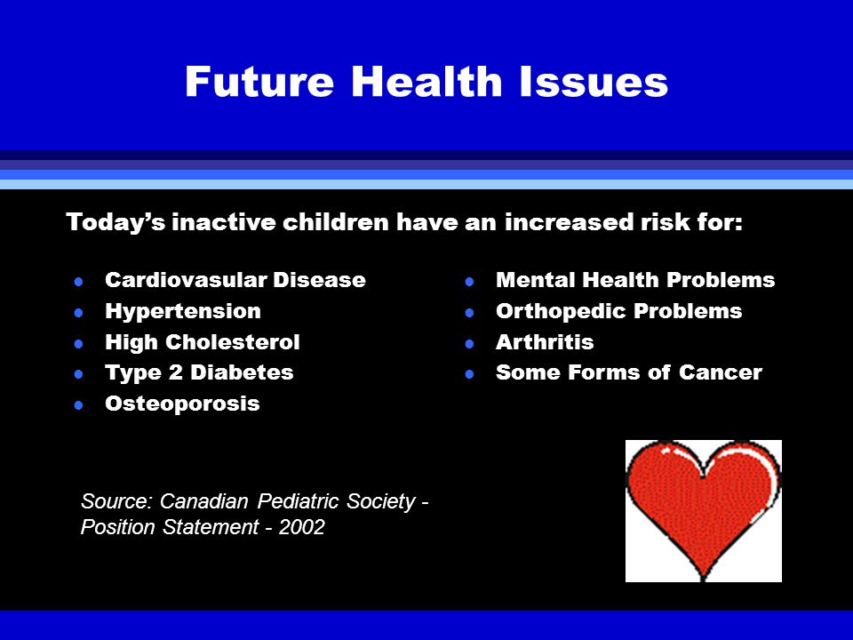 l Cardiovasular Disease l Hypertension l High Cholesterol l Type 2 Diabetes l Osteoporosis Future Health Issues Source: Canadian Pediatric Society - Position Statement Today’s inactive children have an increased risk for: l Mental Health Problems l Orthopedic Problems l Arthritis l Some Forms of Cancer