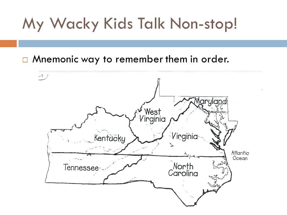 My Wacky Kids Talk Non-stop!  Mnemonic way to remember them in order.