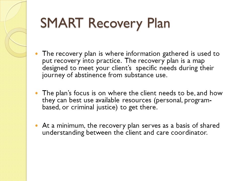 SMART Recovery Plan The recovery plan is where information gathered is used to put recovery into practice.