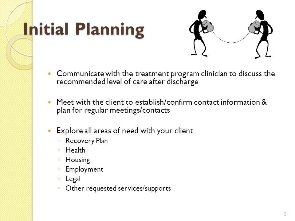 Initial Planning Communicate with the treatment program clinician to discuss the recommended level of care after discharge Meet with the client to establish/confirm contact information & plan for regular meetings/contacts Explore all areas of need with your client ◦ Recovery Plan ◦ Health ◦ Housing ◦ Employment ◦ Legal ◦ Other requested services/supports 5