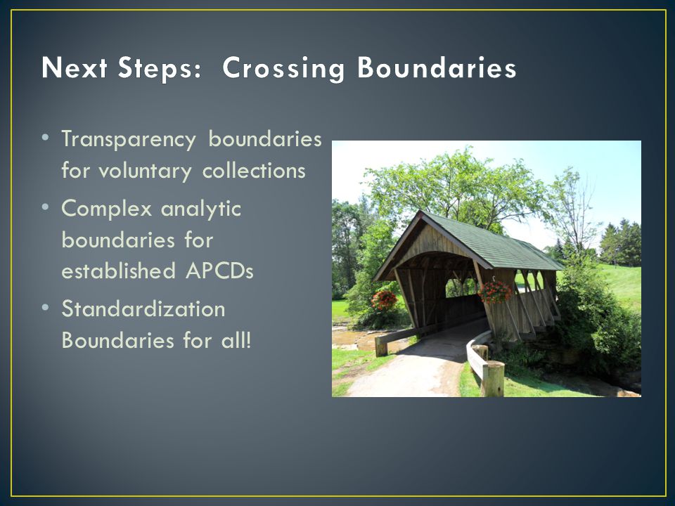Transparency boundaries for voluntary collections Complex analytic boundaries for established APCDs Standardization Boundaries for all!
