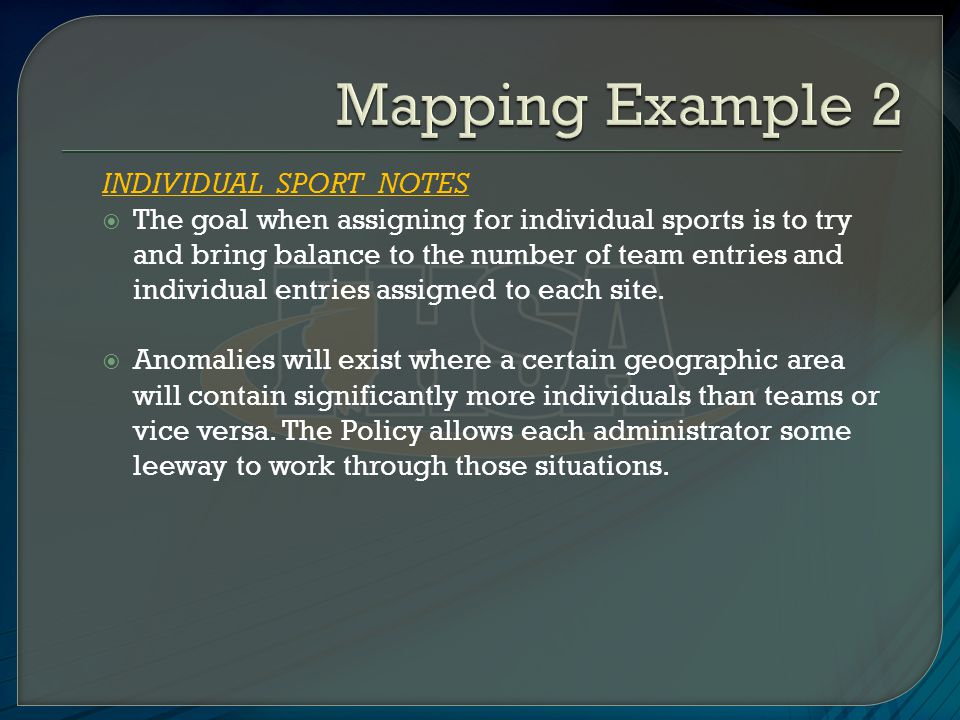 INDIVIDUAL SPORT NOTES  The goal when assigning for individual sports is to try and bring balance to the number of team entries and individual entries assigned to each site.