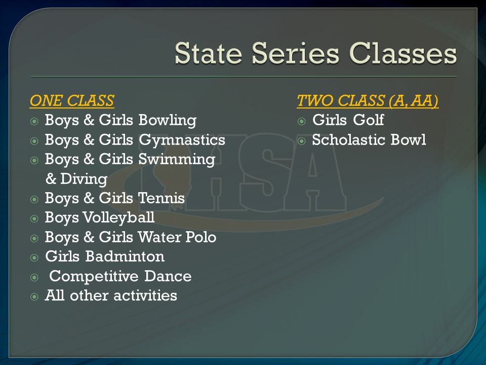 ONE CLASS  Boys & Girls Bowling  Boys & Girls Gymnastics  Boys & Girls Swimming & Diving  Boys & Girls Tennis  Boys Volleyball  Boys & Girls Water Polo  Girls Badminton  Competitive Dance  All other activities TWO CLASS (A, AA)  Girls Golf  Scholastic Bowl