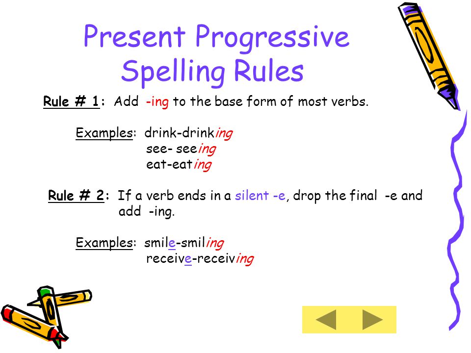 Present Progressive Spelling Rules Rule # 1: Add -ing to the base form of most verbs.