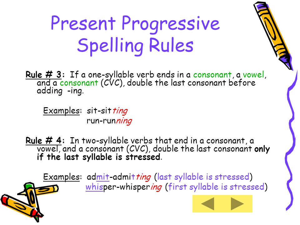 Present Progressive Spelling Rules Rule # 3: If a one-syllable verb ends in a consonant, a vowel, and a consonant (CVC), double the last consonant before adding -ing.