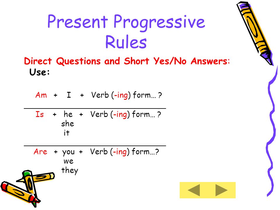 Present Progressive Rules Direct Questions and Short Yes/No Answers: Use: Am + I + Verb (-ing) form… .