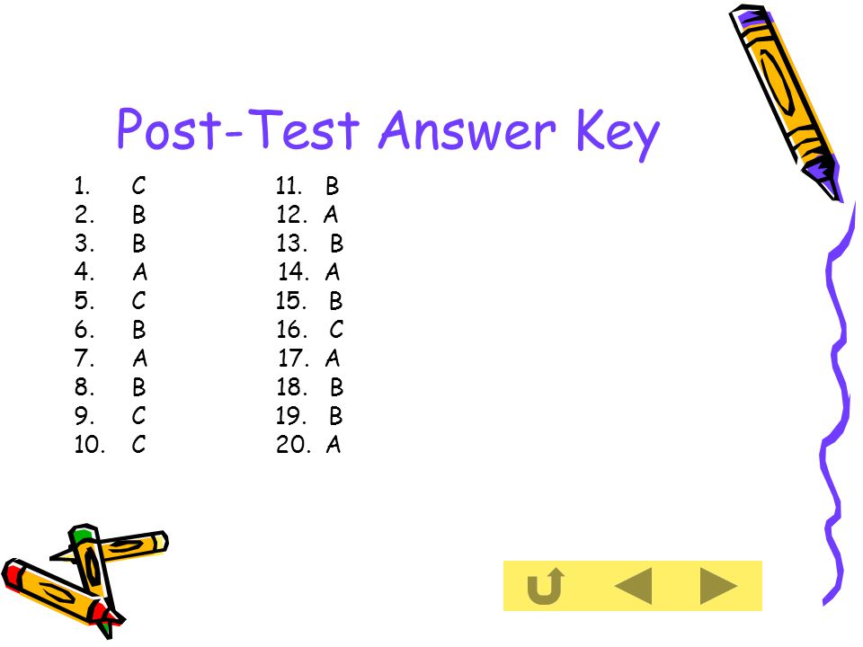 Post-Test Answer Key 1.C 11. B 2.B 12. A 3.B 13.