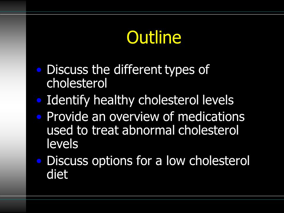 Outline Discuss the different types of cholesterol Identify healthy cholesterol levels Provide an overview of medications used to treat abnormal cholesterol levels Discuss options for a low cholesterol diet