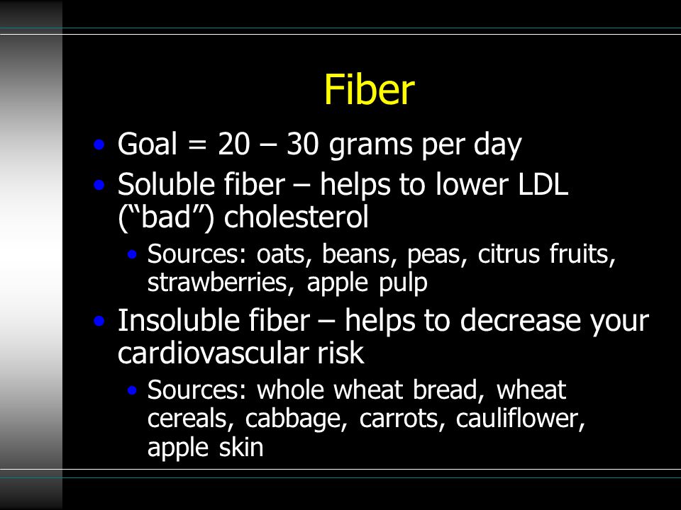 Fiber Goal = 20 – 30 grams per day Soluble fiber – helps to lower LDL ( bad ) cholesterol Sources: oats, beans, peas, citrus fruits, strawberries, apple pulp Insoluble fiber – helps to decrease your cardiovascular risk Sources: whole wheat bread, wheat cereals, cabbage, carrots, cauliflower, apple skin