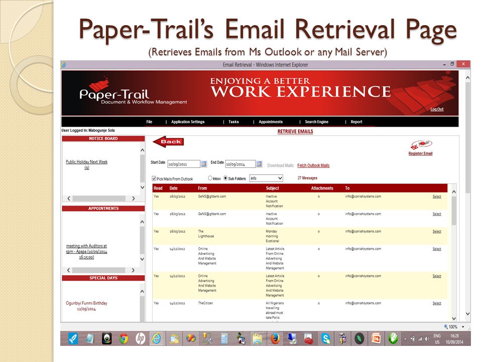Paper-Trail’s  Retrieval Page (Retrieves  s from Ms Outlook or any Mail Server)