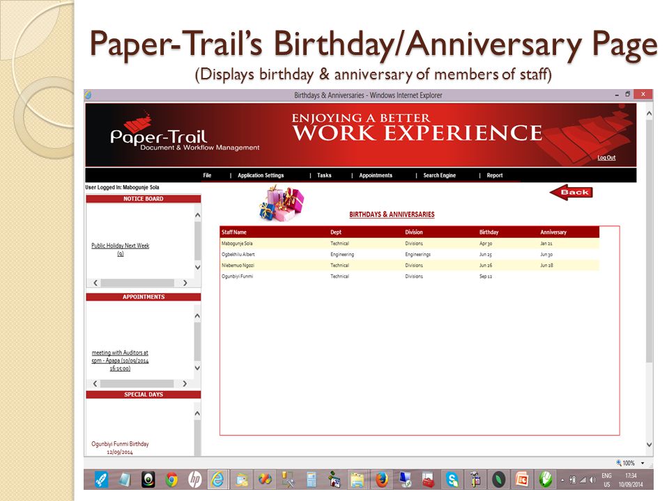 Paper-Trail’s Birthday/Anniversary Page (Displays birthday & anniversary of members of staff)