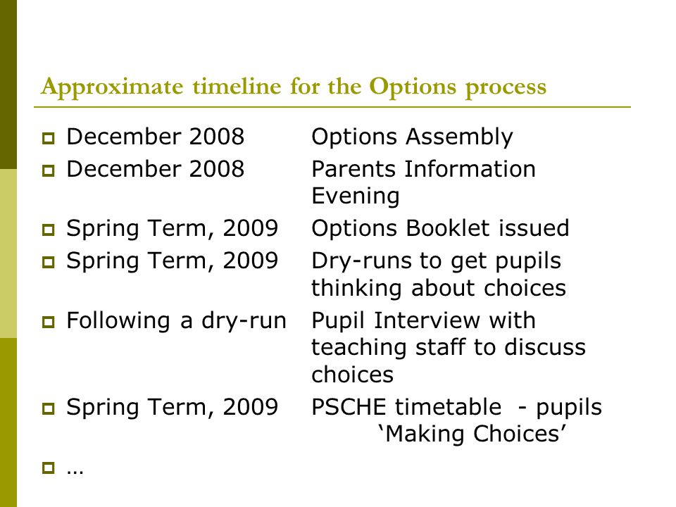Approximate timeline for the Options process  December 2008 Options Assembly  December 2008 Parents Information Evening  Spring Term, 2009Options Booklet issued  Spring Term, 2009Dry-runs to get pupils thinking about choices  Following a dry-runPupil Interview with teaching staff to discuss choices  Spring Term, 2009PSCHE timetable - pupils ‘Making Choices’  …