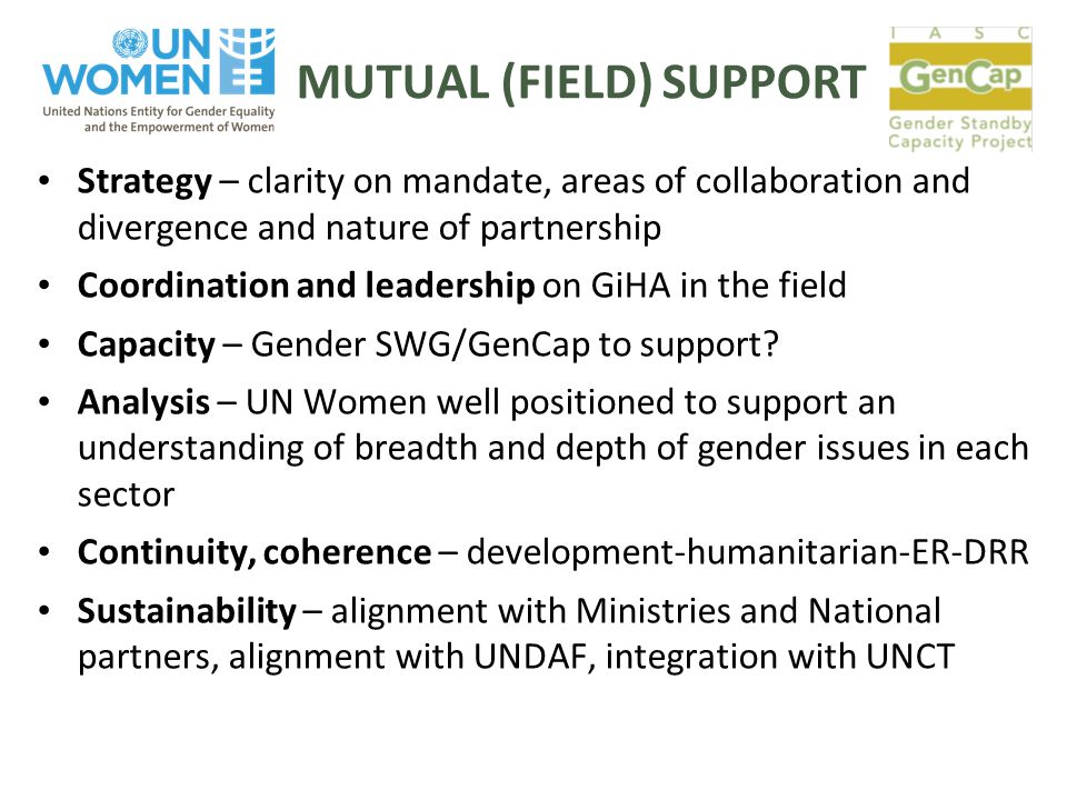 MUTUAL (FIELD) SUPPORT Strategy – clarity on mandate, areas of collaboration and divergence and nature of partnership Coordination and leadership on GiHA in the field Capacity – Gender SWG/GenCap to support.