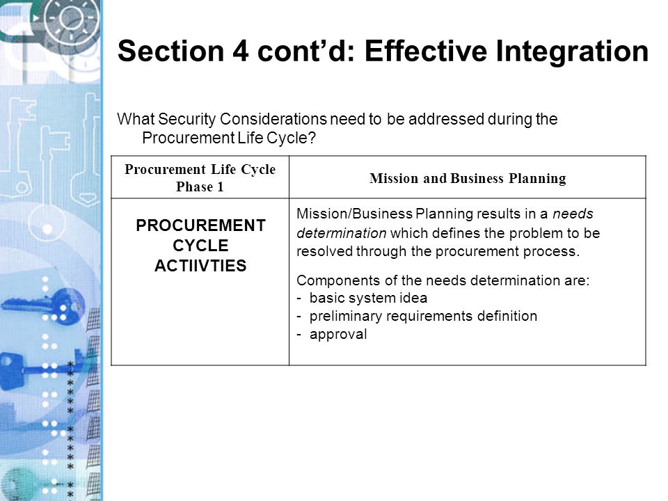 Section 4 cont’d: Effective Integration What Security Considerations need to be addressed during the Procurement Life Cycle.