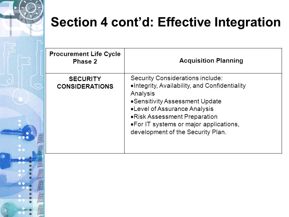 Section 4 cont’d: Effective Integration Procurement Life Cycle Phase 2 Acquisition Planning SECURITY CONSIDERATIONS Security Considerations include:  Integrity, Availability, and Confidentiality Analysis  Sensitivity Assessment Update  Level of Assurance Analysis  Risk Assessment Preparation  For IT systems or major applications, development of the Security Plan.