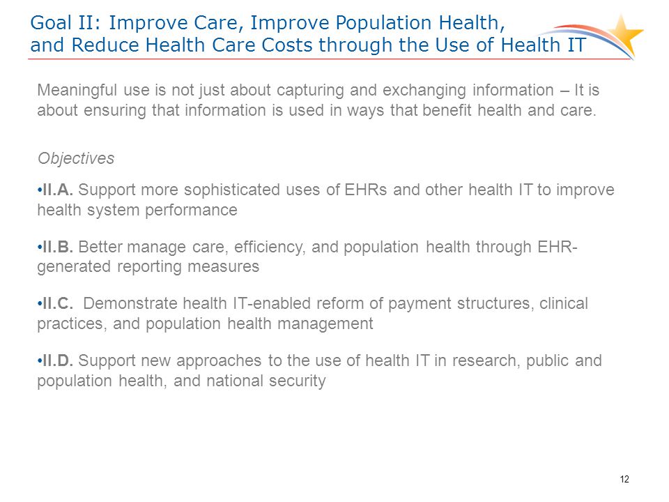 Goal II: Improve Care, Improve Population Health, and Reduce Health Care Costs through the Use of Health IT Meaningful use is not just about capturing and exchanging information – It is about ensuring that information is used in ways that benefit health and care.