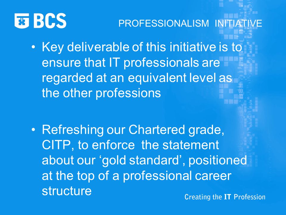 PROFESSIONALISM INITIATIVE Key deliverable of this initiative is to ensure that IT professionals are regarded at an equivalent level as the other professions Refreshing our Chartered grade, CITP, to enforce the statement about our ‘gold standard’, positioned at the top of a professional career structure