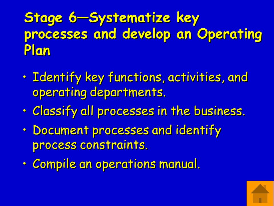 Stage 6—Systematize key processes and develop an Operating Plan Identify key functions, activities, and operating departments.