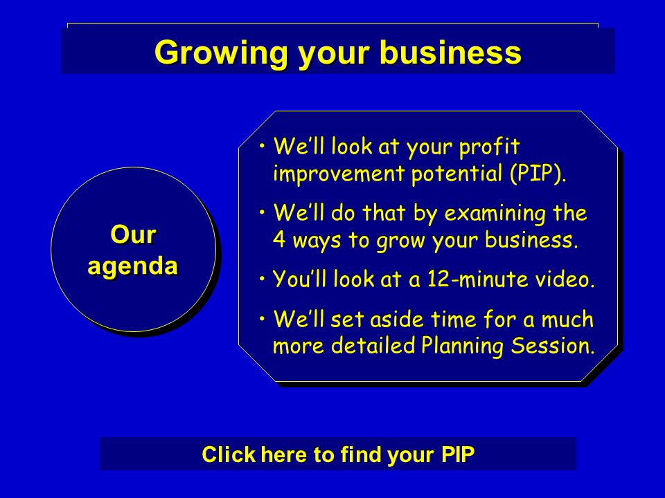 Growing your business Our agenda Our agenda We’ll look at your profit improvement potential (PIP).