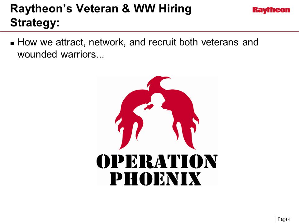 Page 4 Raytheon’s Veteran & WW Hiring Strategy: How we attract, network, and recruit both veterans and wounded warriors...