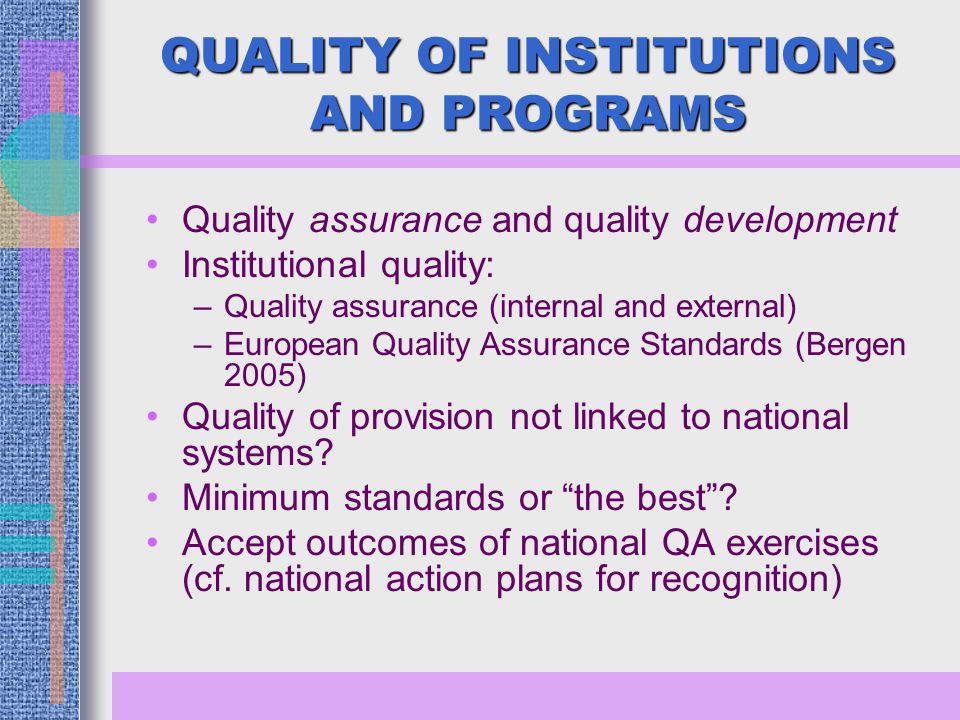 QUALITY OF INSTITUTIONS AND PROGRAMS Quality assurance and quality development Institutional quality: –Quality assurance (internal and external) –European Quality Assurance Standards (Bergen 2005) Quality of provision not linked to national systems.