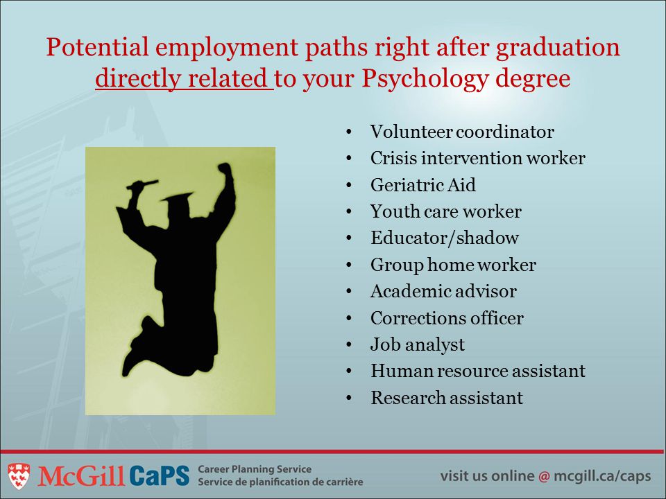 Potential employment paths right after graduation directly related to your Psychology degree Volunteer coordinator Crisis intervention worker Geriatric Aid Youth care worker Educator/shadow Group home worker Academic advisor Corrections officer Job analyst Human resource assistant Research assistant