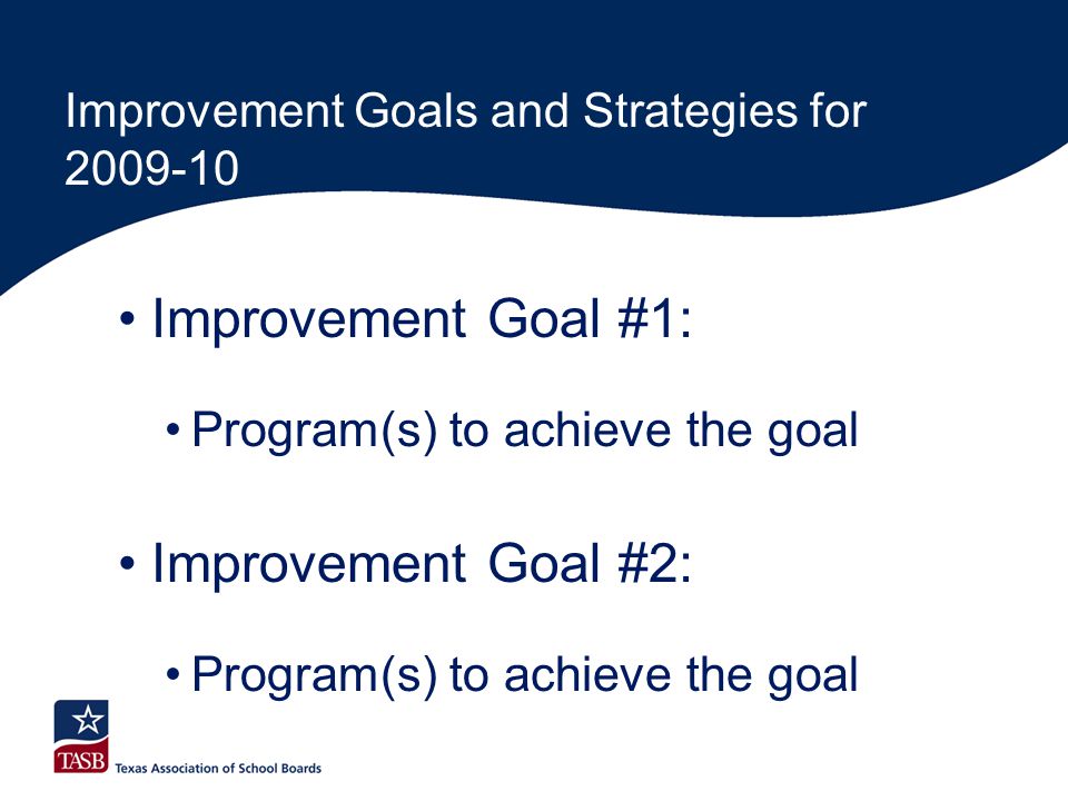 Improvement Goals and Strategies for Improvement Goal #1: Program(s) to achieve the goal Improvement Goal #2: Program(s) to achieve the goal