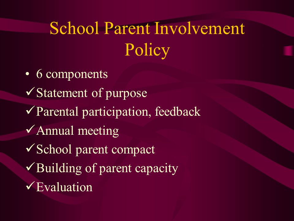School Parent Involvement Policy 6 components Statement of purpose Parental participation, feedback Annual meeting School parent compact Building of parent capacity Evaluation