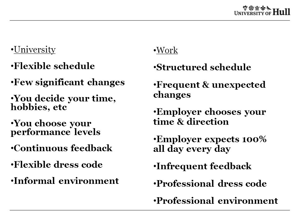 University Flexible schedule Few significant changes You decide your time, hobbies, etc You choose your performance levels Continuous feedback Flexible dress code Informal environment Work Structured schedule Frequent & unexpected changes Employer chooses your time & direction Employer expects 100% all day every day Infrequent feedback Professional dress code Professional environment