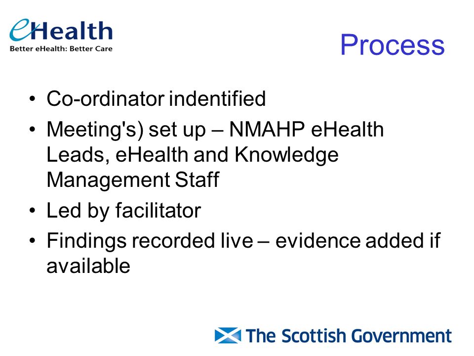 Process Co-ordinator indentified Meeting s) set up – NMAHP eHealth Leads, eHealth and Knowledge Management Staff Led by facilitator Findings recorded live – evidence added if available