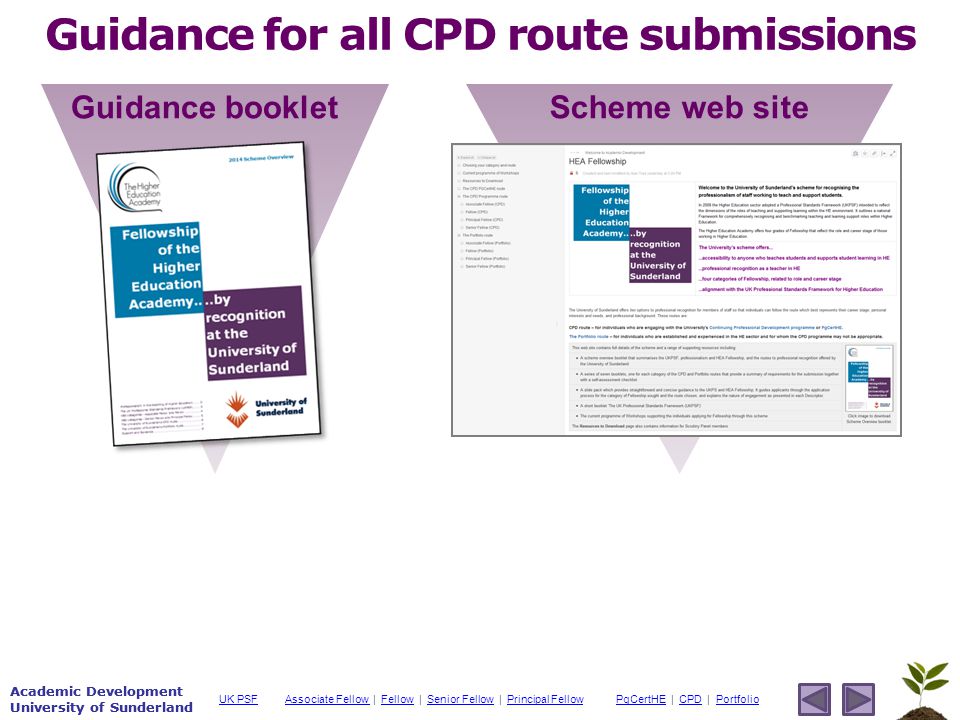 Academic Development University of Sunderland Associate Fellow Associate Fellow | Fellow | Senior Fellow | Principal FellowFellowSenior FellowPrincipal FellowPgCertHEPgCertHE | CPD | PortfolioCPDPortfolioUK PSF Academic Development University of Sunderland Guidance for all CPD route submissions Guidance booklet Scheme web site
