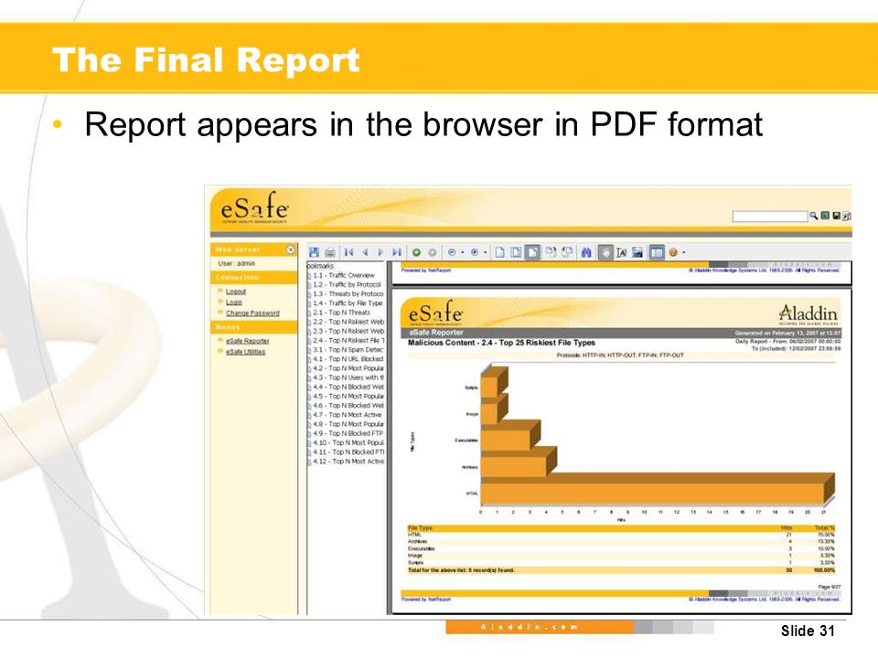 Slide 31 The Final Report Report appears in the browser in PDF format