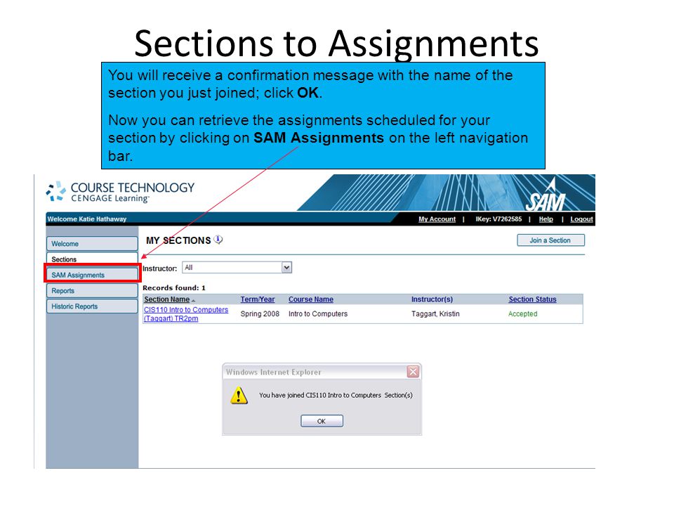 Sections to Assignments You will receive a confirmation message with the name of the section you just joined; click OK.