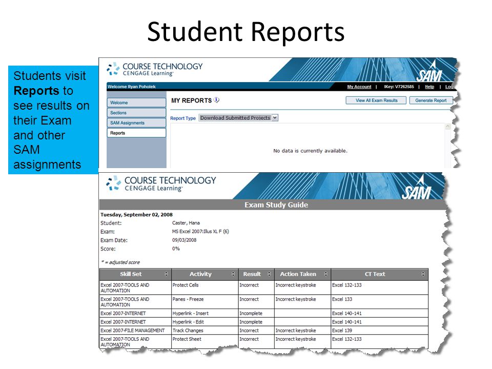 Student Reports Students visit Reports to see results on their Exam and other SAM assignments