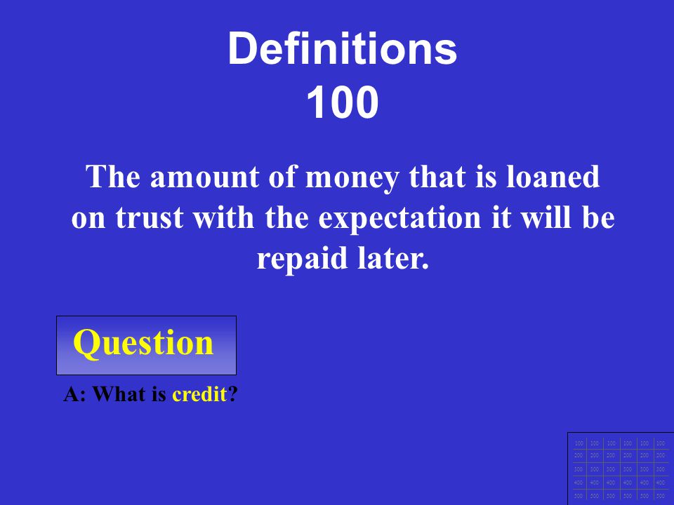 100 Definitions Types of Types of Credit 4 C’s of 4 C’s of Credit Your Rights Credit Report Potpourri F i n a l J e o p a r d y